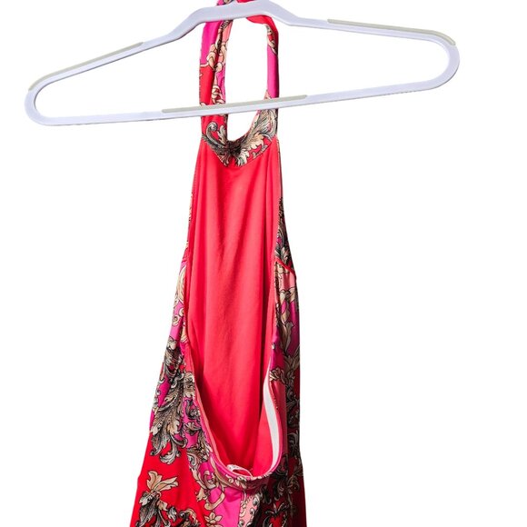 Red & Pink Halter Maxi Dress With Ornate Chain & Floral Print - Picture 6 of 7